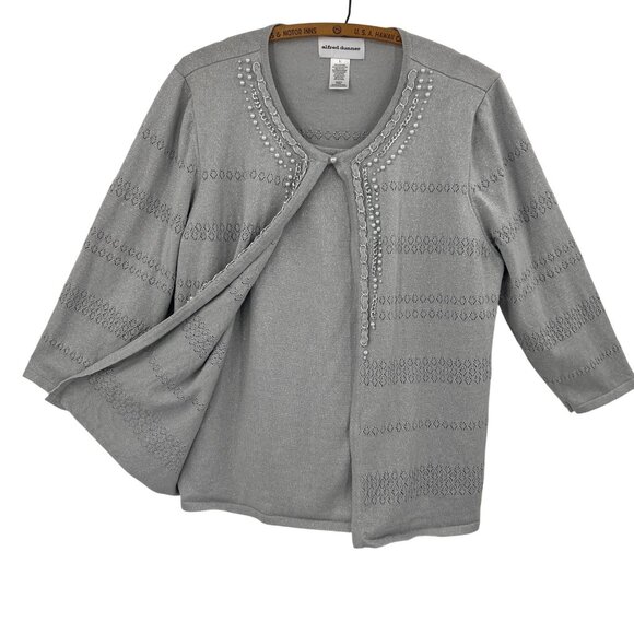 Alfred Dunner Stunner Cardigan Large Silver Open-Front With Pearls & Chains - Picture 2 of 6